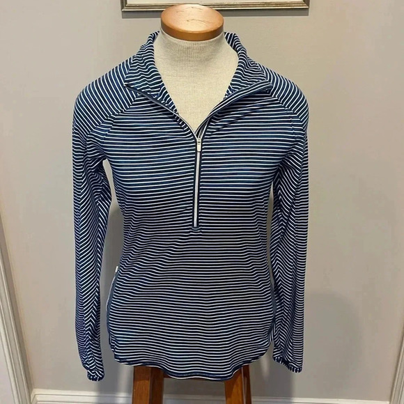 Athleta - RUNNING WILD STRIPE HALF ZIP - Blue/White - Size Small - Picture 1 of 9